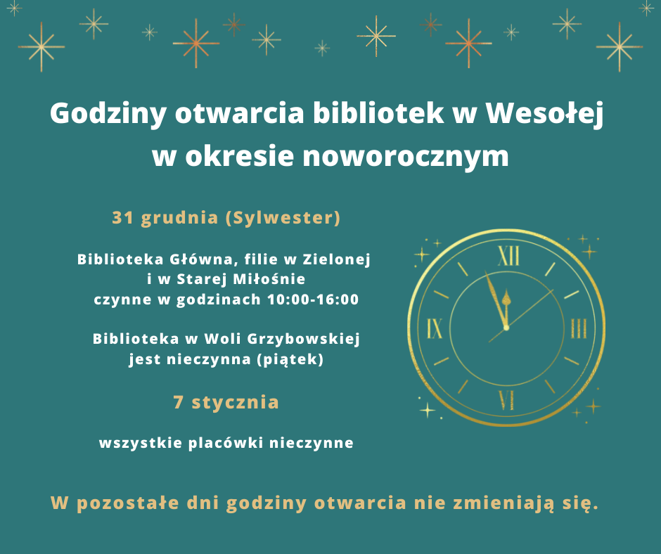 Godziny otwarcia bibliotek w Wesołej w okresie noworocznym.