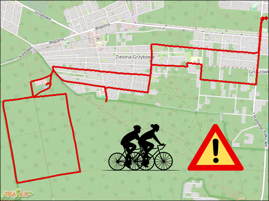 Trasa rajdu Odjazdowy Bibliotekarz Wesoła 2024, znak ostrzegawczy A-30 i grafika z rowerzystami.